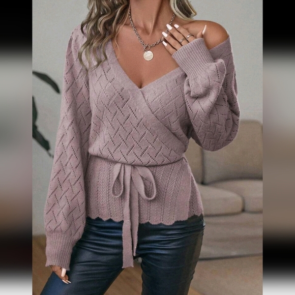 Sweaters - Surplice Neck Belted Pointelle Knit Cardigan